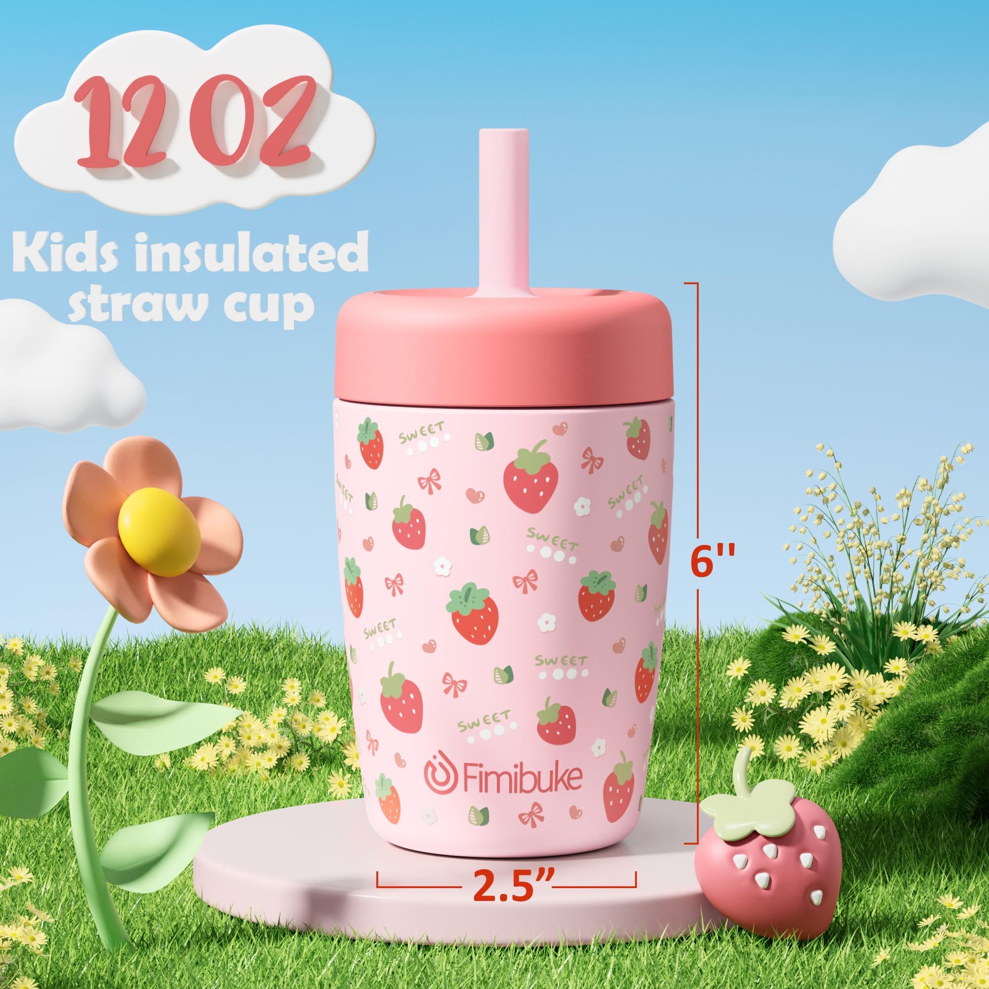 Fimibuke 12oz Insulated Toddler Straw Cups, Spill-Proof 2-Pack