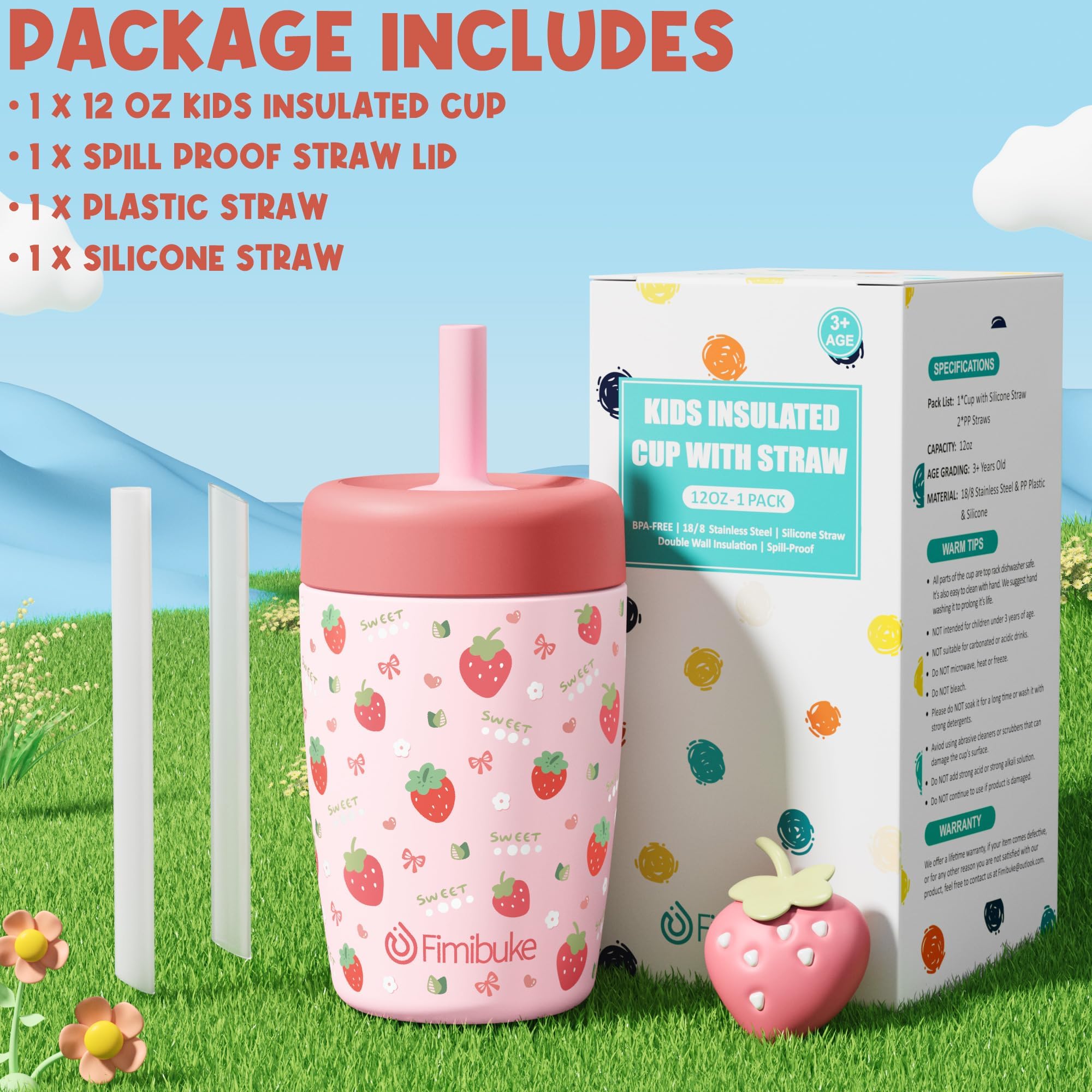 Fimibuke 12oz Insulated Toddler Straw Cups, Spill-Proof 2-Pack