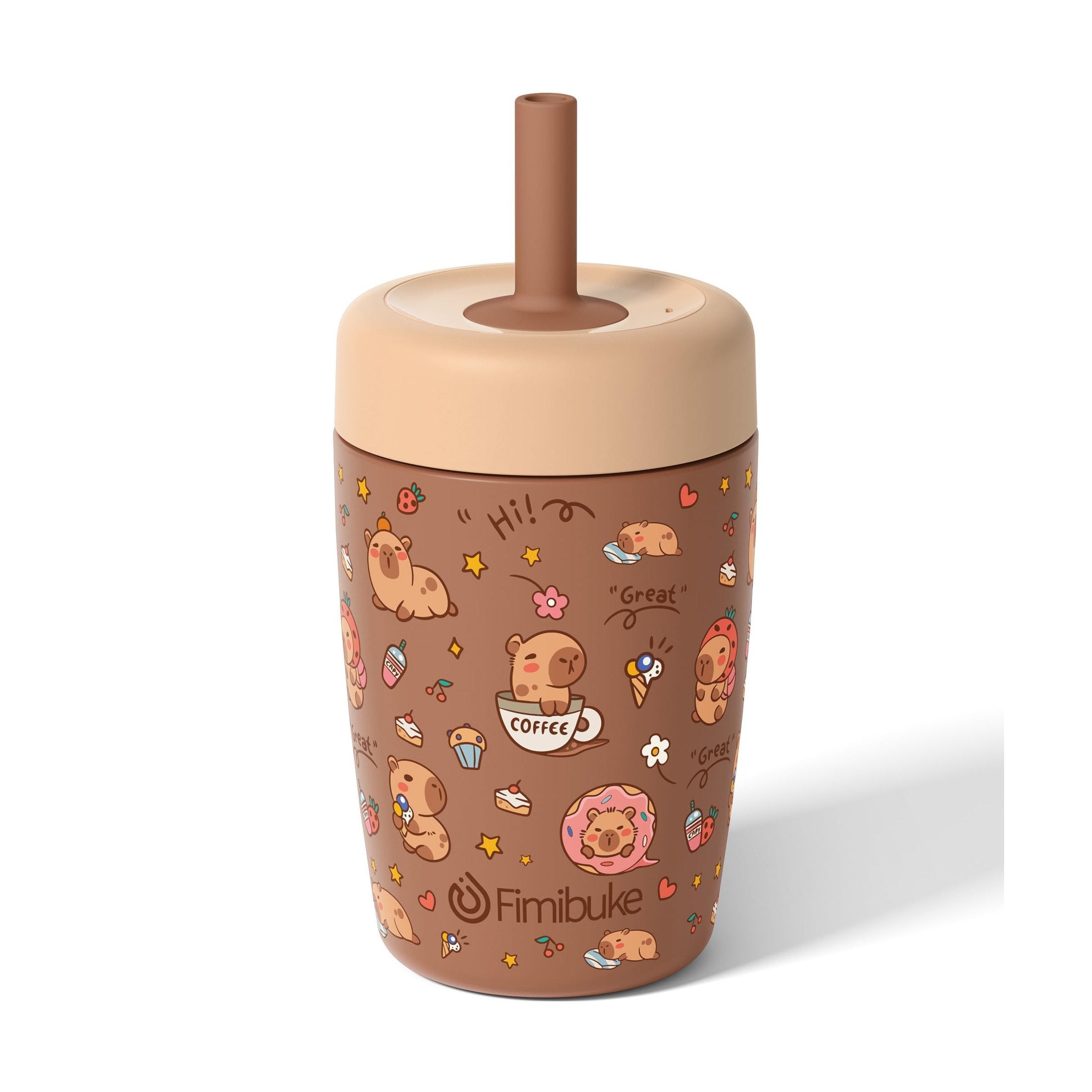 Fimibuke 12oz Insulated Toddler Straw Cups, Spill-Proof 2-Pack - Brown Capybara