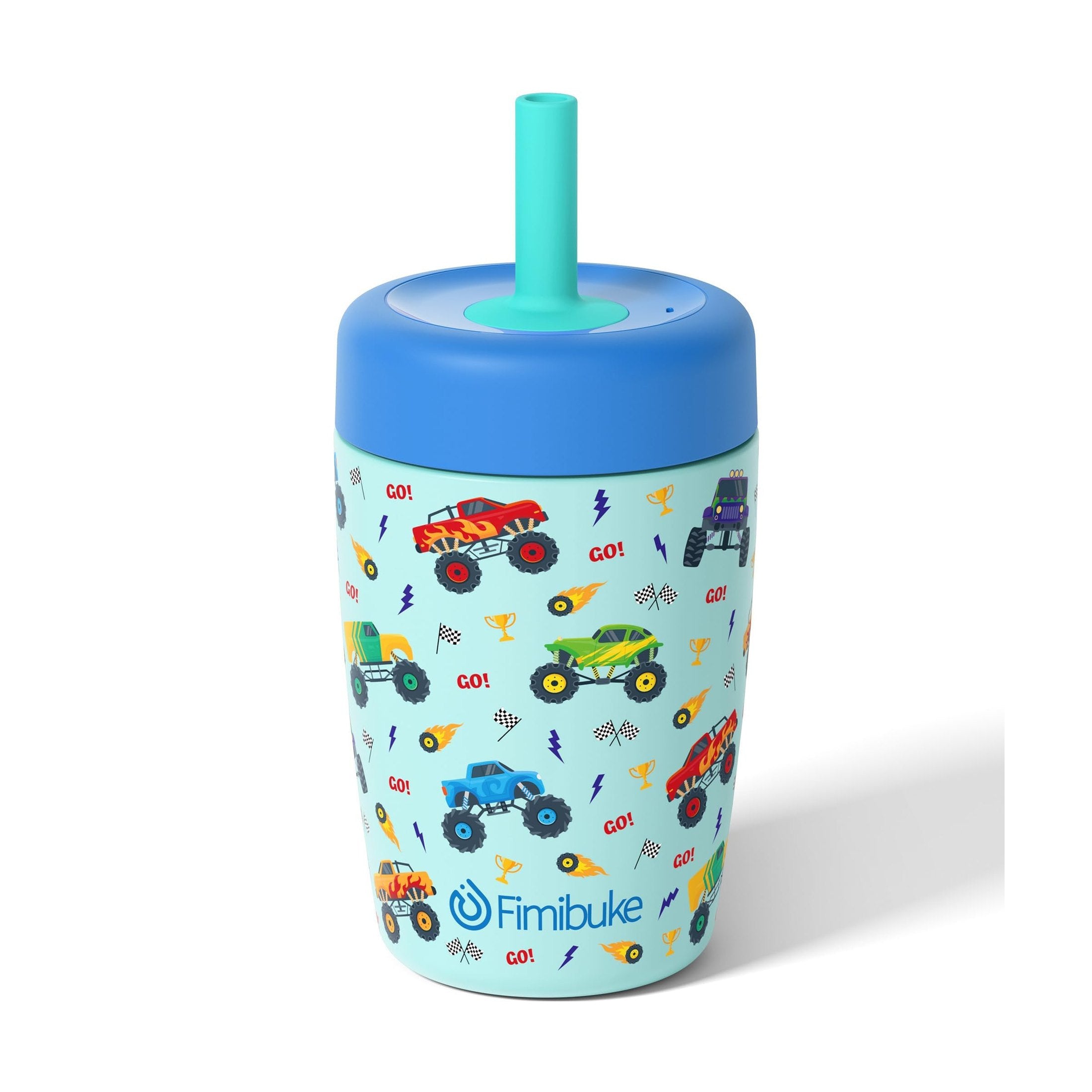 Fimibuke 12oz Insulated Toddler Straw Cups, Spill-Proof 2-Pack - Monster Trucks