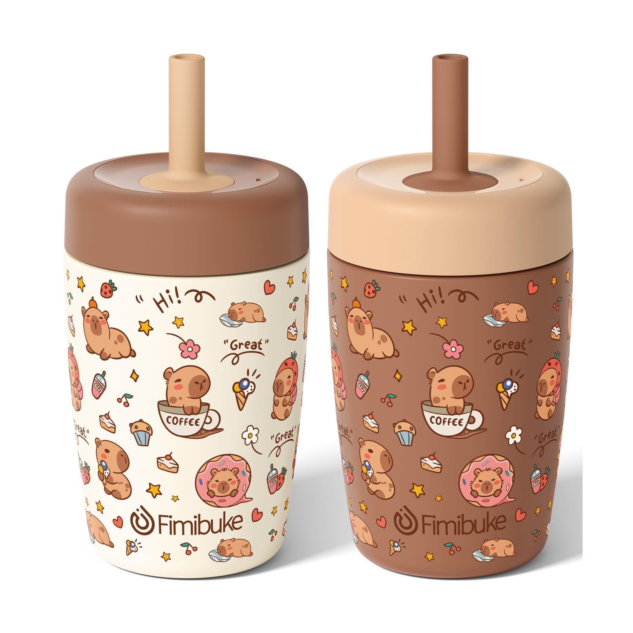 Fimibuke 12oz Insulated Toddler Straw Cups, Spill-Proof 2-Pack - Beige & Brown Capybara
