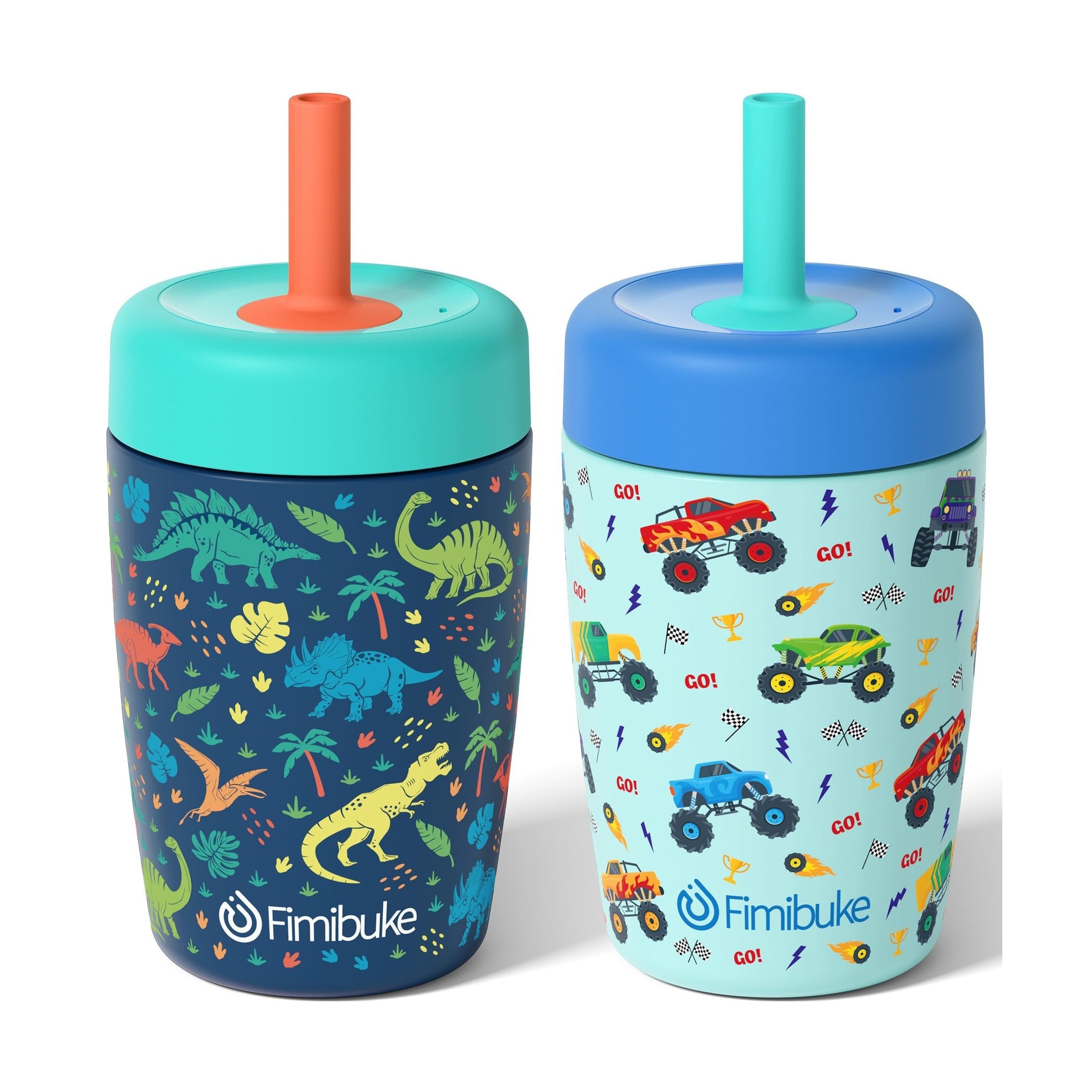 Fimibuke 12oz Insulated Toddler Straw Cups, Spill-Proof 2-Pack - Dinosaur & Monster Trucks