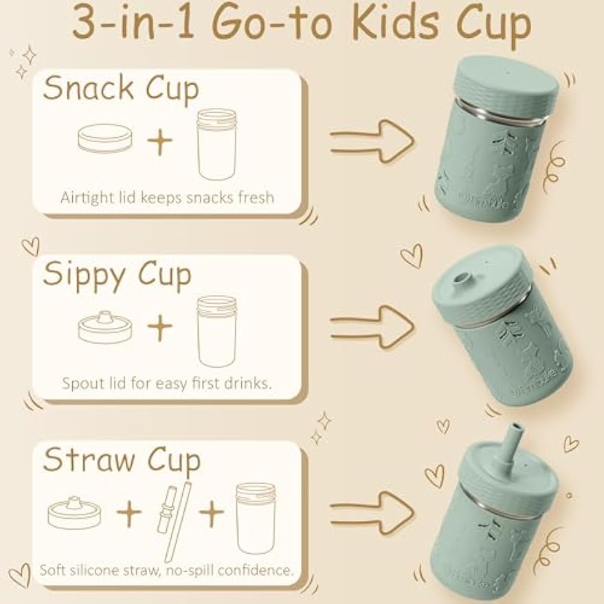Fimibuke 3-in-1 Stainless Steel Sippy Cup with Straw & Snack Lid