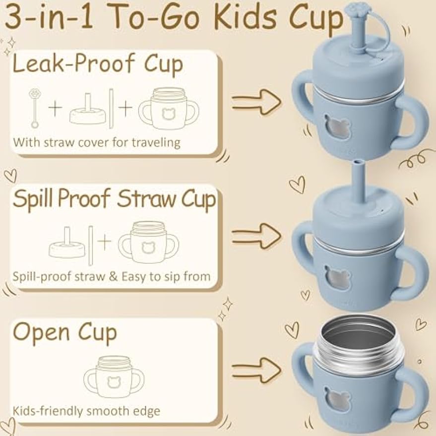Fimibuke 10oz Stainless Steel Sippy Cups for Toddlers, 2-Pack