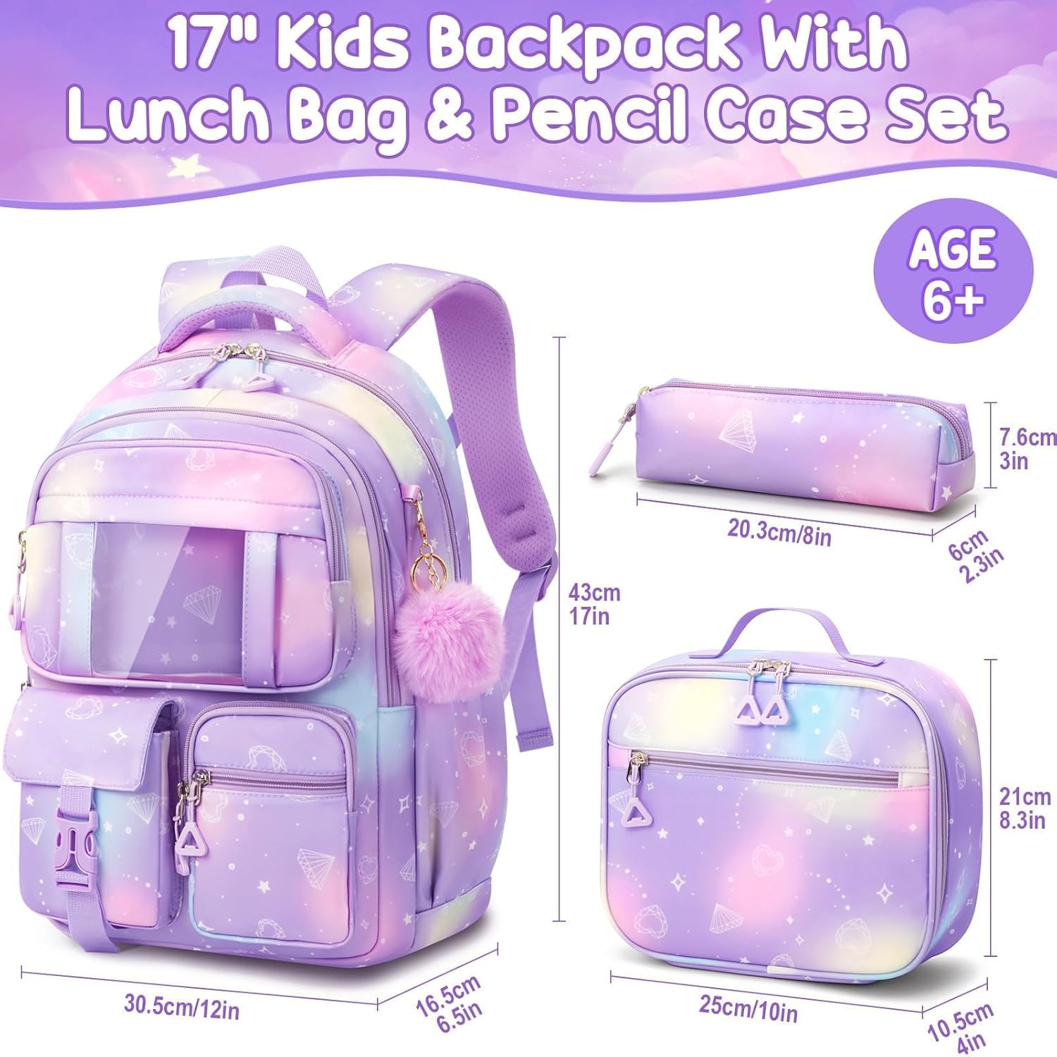 Fimibuke Girls 3-Piece Lightweight Backpack Set with Lunch Bag - Diamond Pink