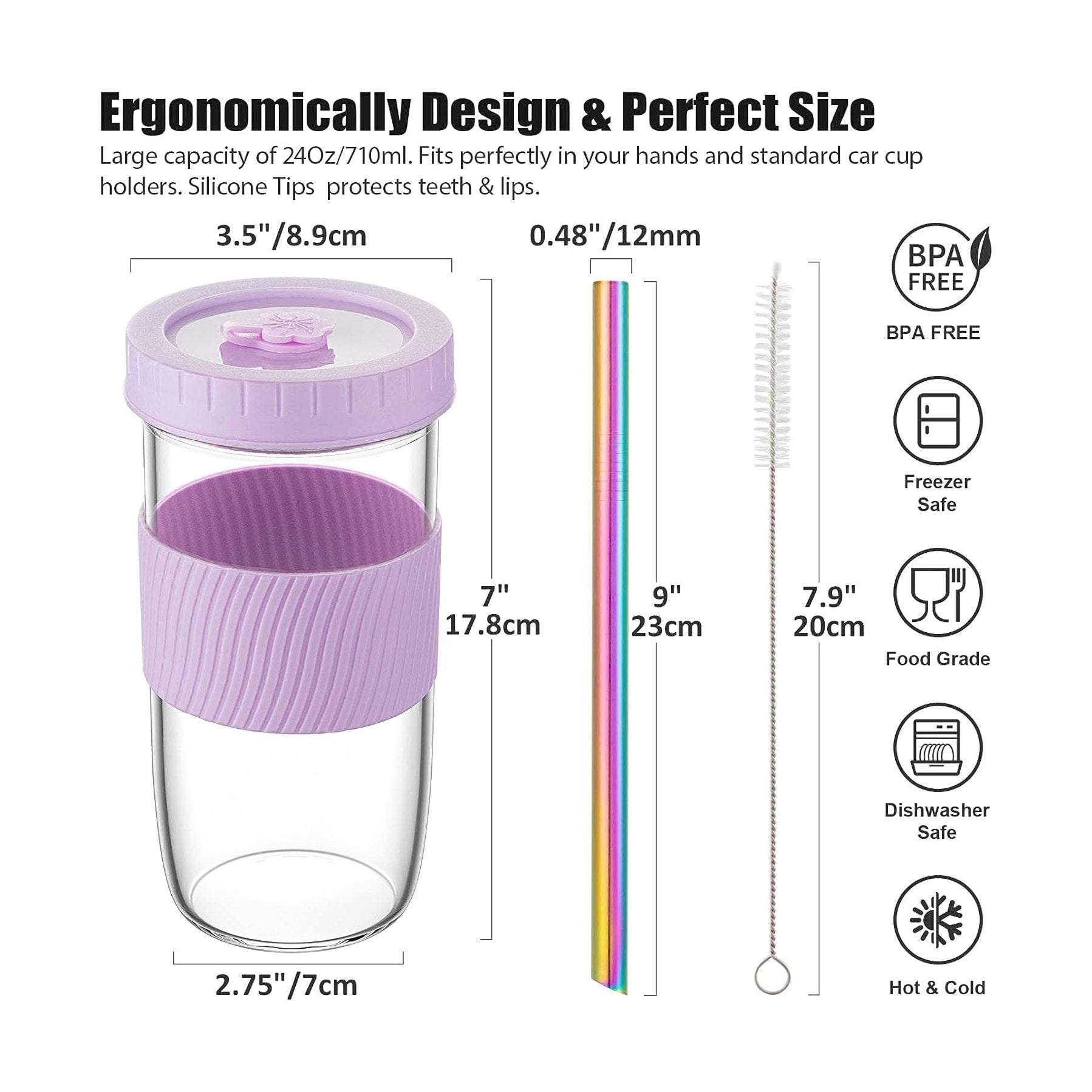 Fimibuke 24oz Glass Bubble Tea Cups with Lids & Straws, 4-Pack - mint-green-dark-purple