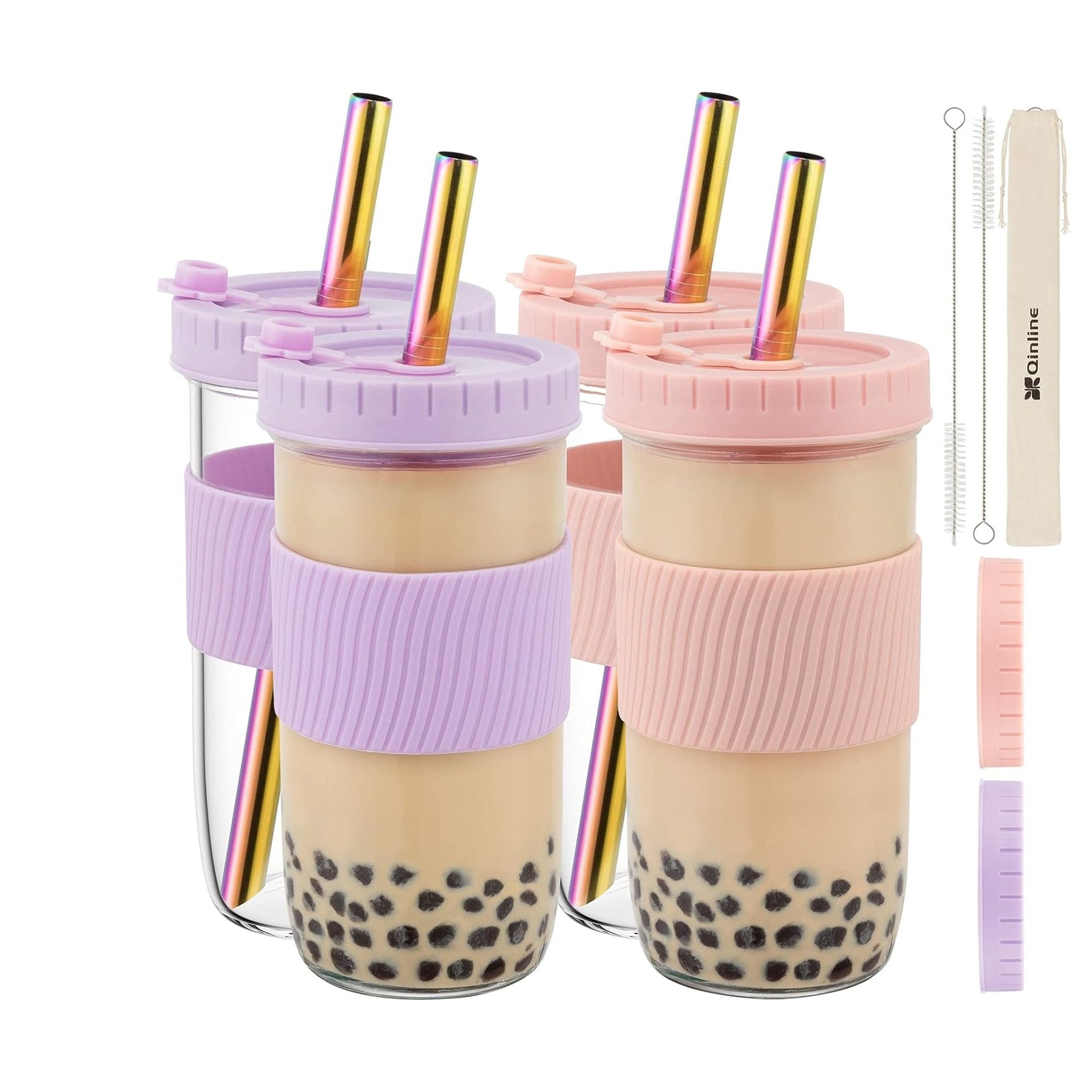 Fimibuke 24oz Glass Bubble Tea Cups with Lids & Straws, 4-Pack - black-rose-pink