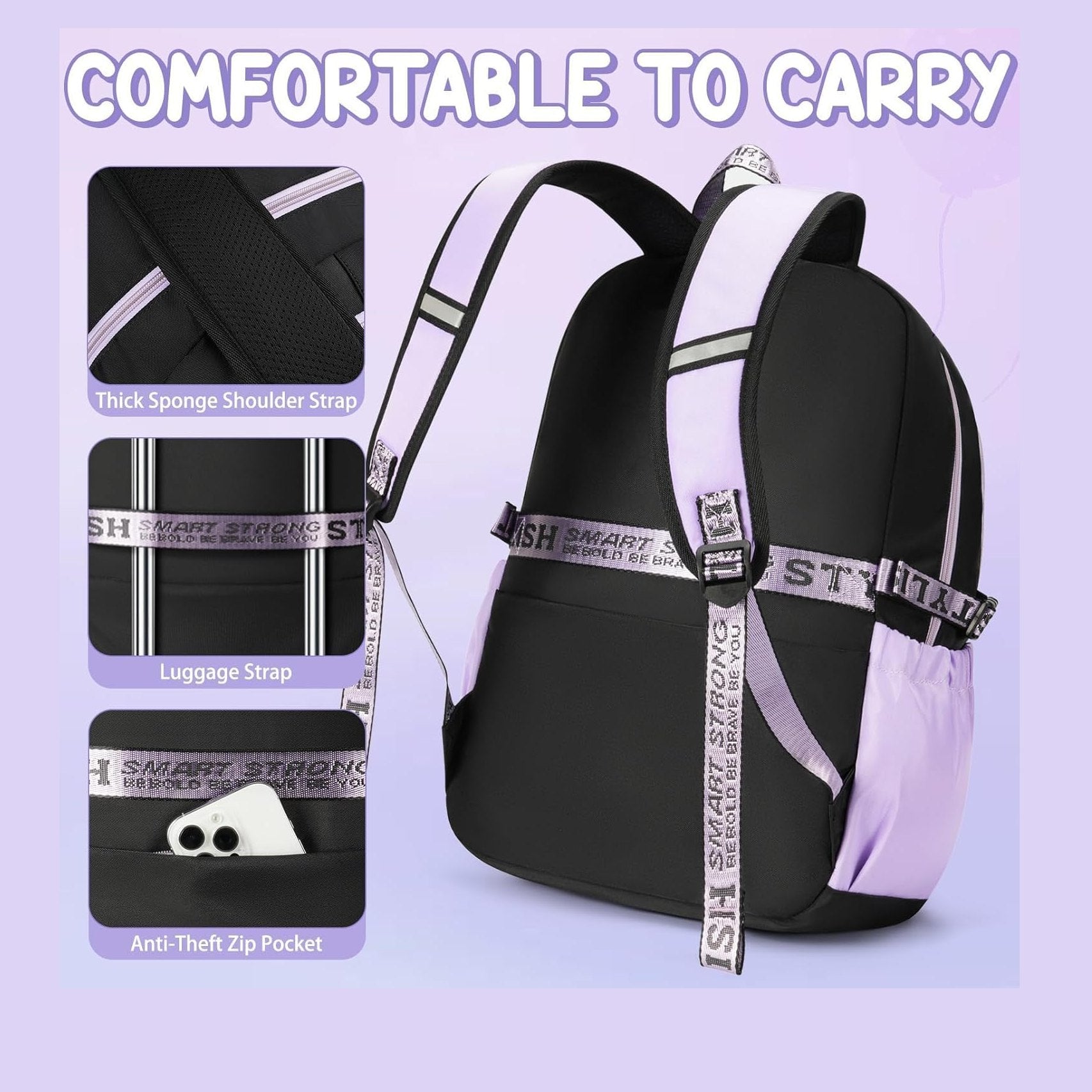 Fimibuke Girls Classic 3-Piece Backpack Set with Lunch Box - Black Purple