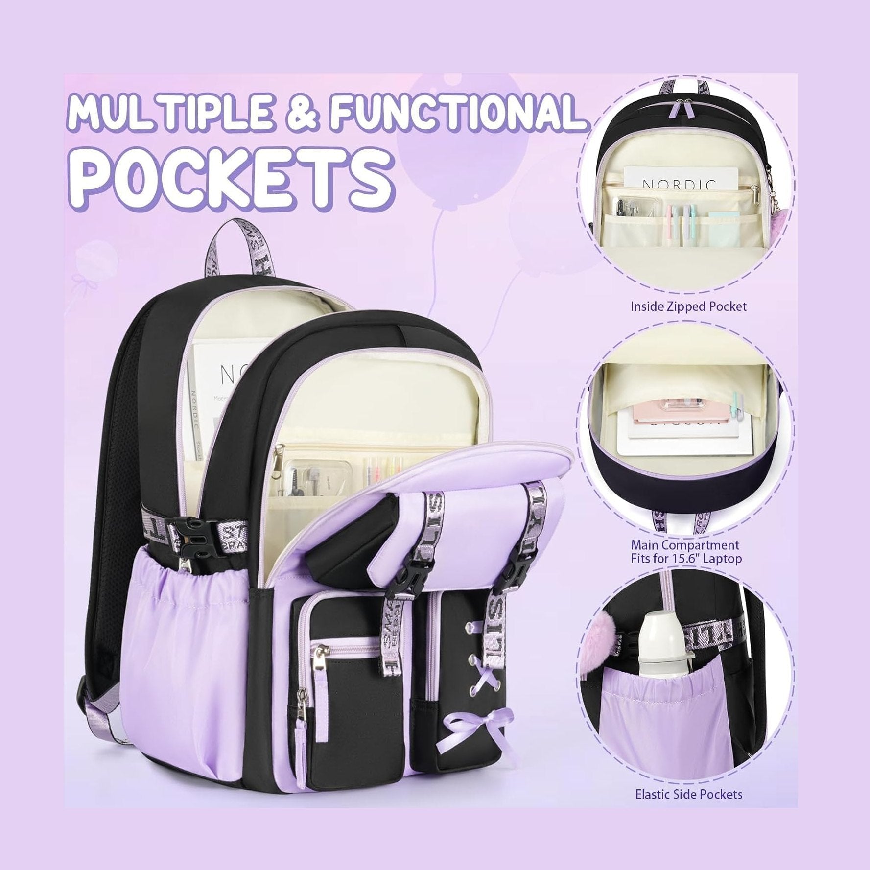 Fimibuke Girls Classic 3-Piece Backpack Set with Lunch Box - Black Green