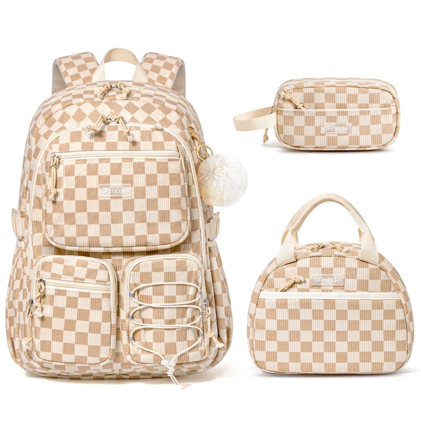 Fimibuke Girls Corduroy 3-Piece Backpack Set with Lunch Bag & Pencil Pouch