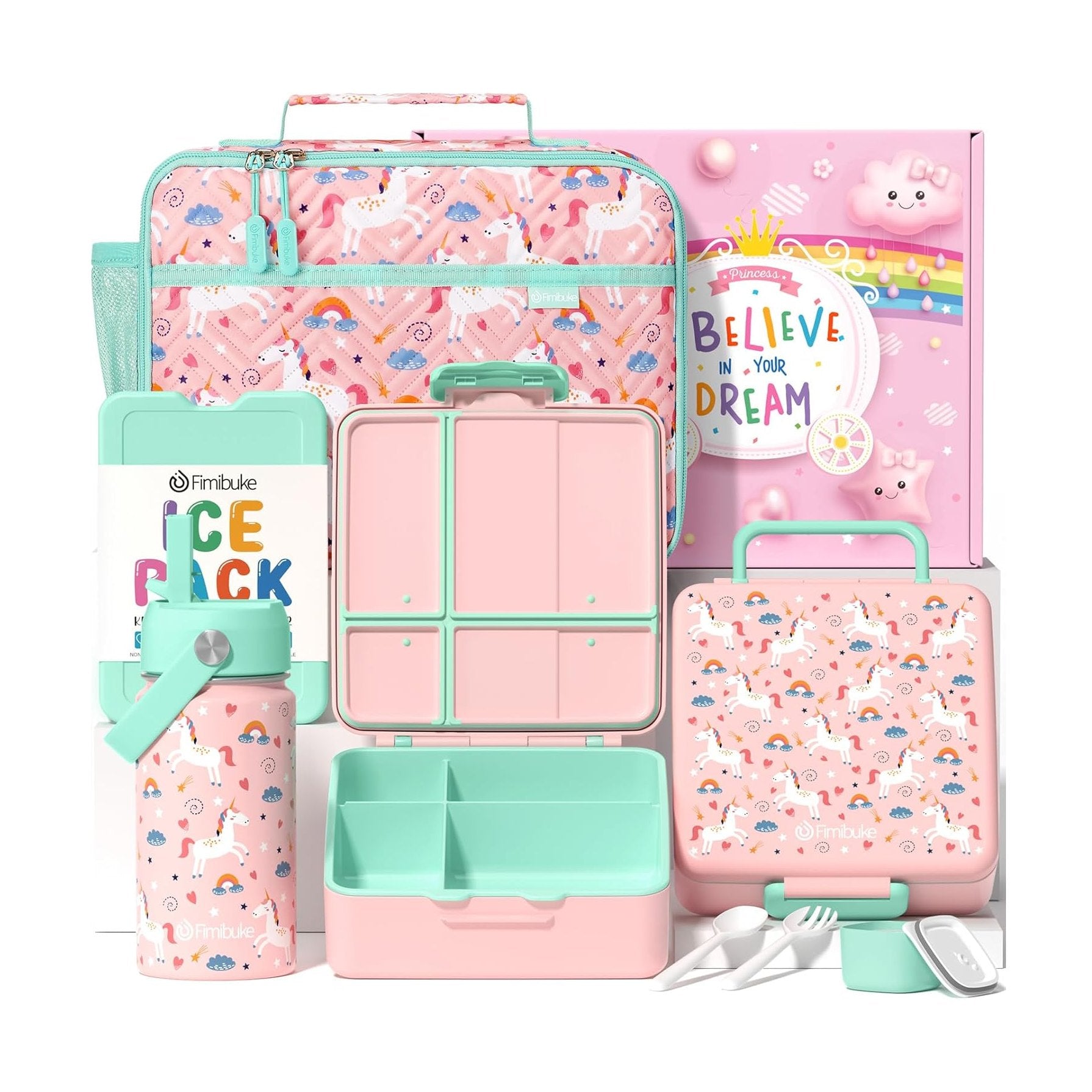 Fimibuke Kids 4-Compartment Bento Set with 14oz Water Bottle - Green Dinosaur