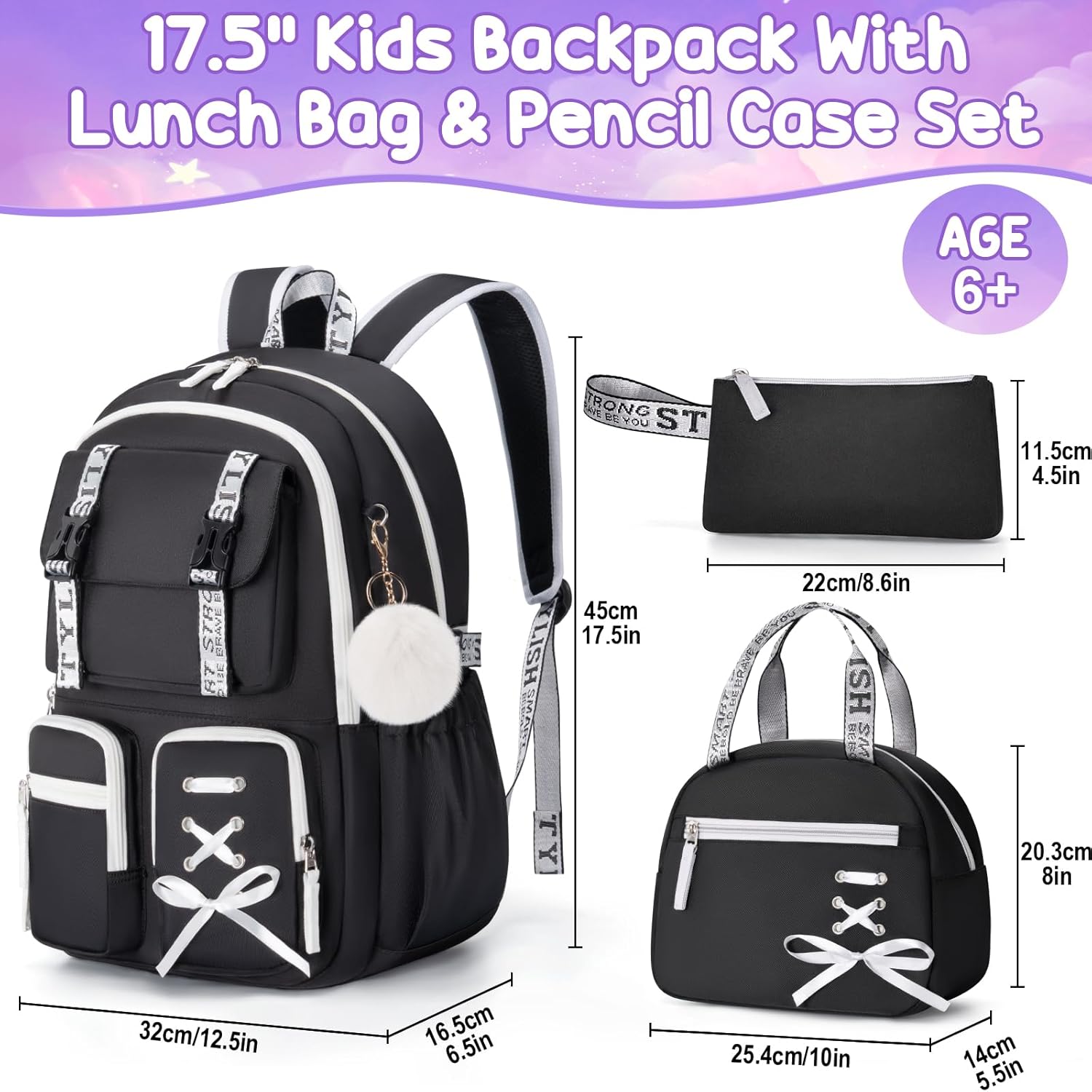 Fimibuke Girls Classic 3-Piece Backpack Set with Lunch Box - Black Brown