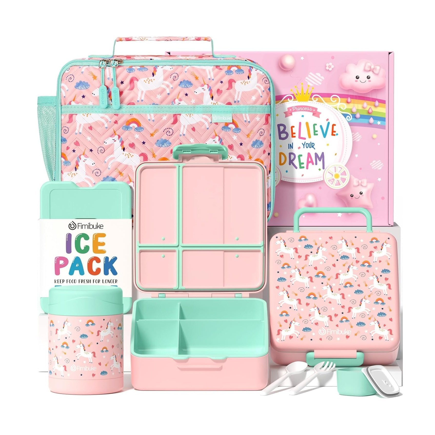 Fimibuke Kids 4-Compartment Bento Lunch Set with 12oz Thermos - Ink Blue