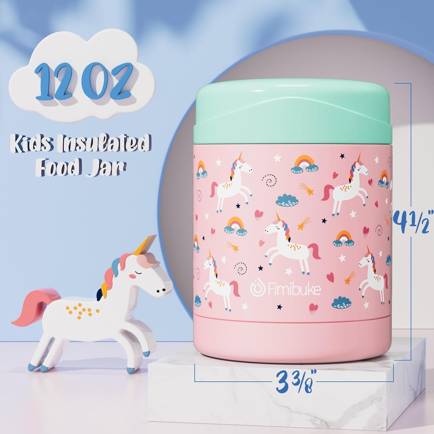 Fimibuke 12oz Insulated Kids Food Jar for Hot & Cold Meals - Blue Dinosaur