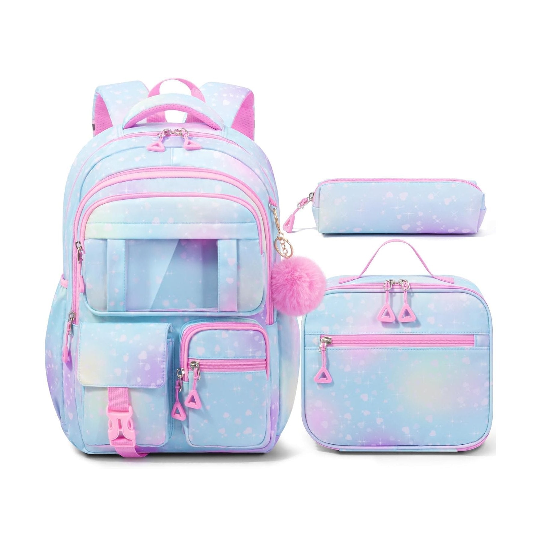 Fimibuke Girls 3-Piece Lightweight Backpack Set with Lunch Bag - Purple Starry Sky