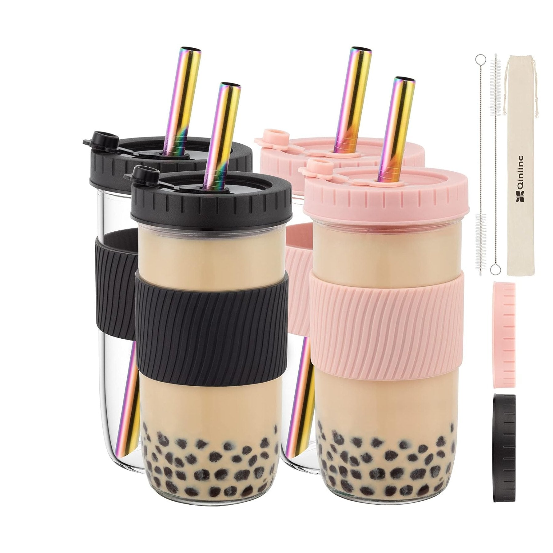 Fimibuke 24oz Glass Bubble Tea Cups with Lids & Straws, 4-Pack