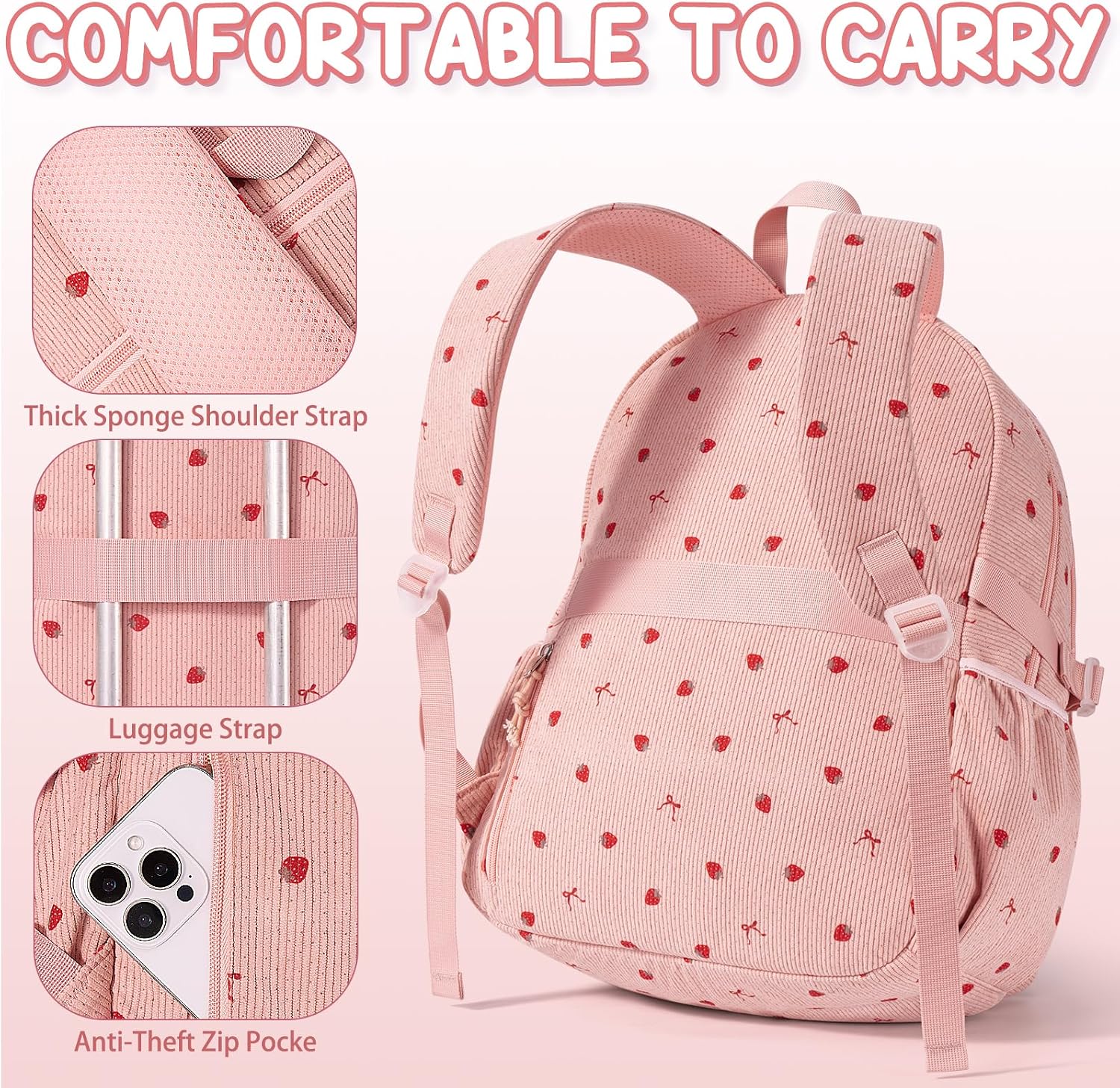 Fimibuke Girls Corduroy 3-Piece Backpack Set with Lunch Bag & Pencil Pouch
