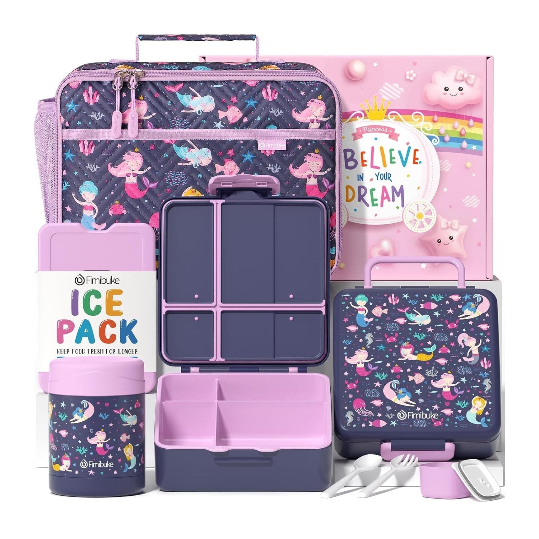 Fimibuke Kids 4-Compartment Bento Lunch Set with 12oz Thermos - Rainbow