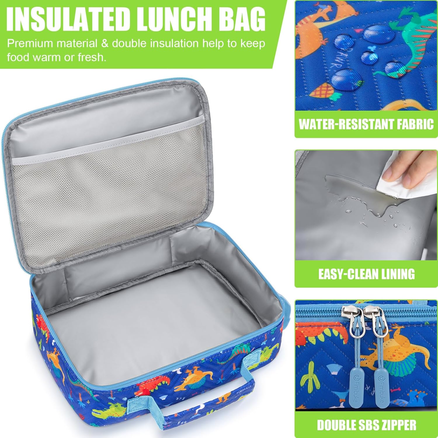 Fimibuke Kids 4-Compartment Bento Set with 14oz Water Bottle - White Dinosaur