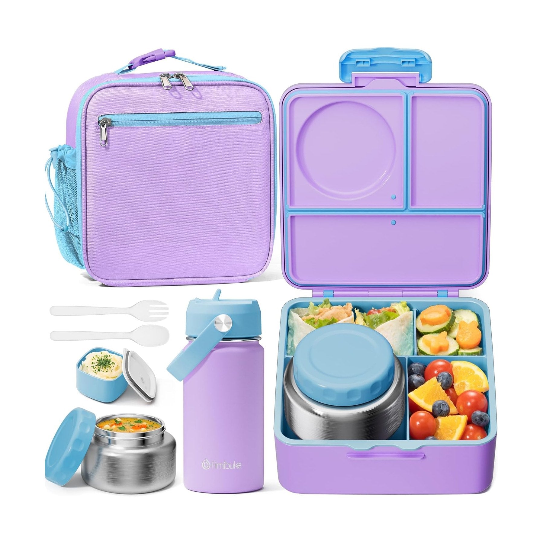 Fimibuke Kids Bento Lunch Set with Thermos, Water Bottle & Bag - Rainbow