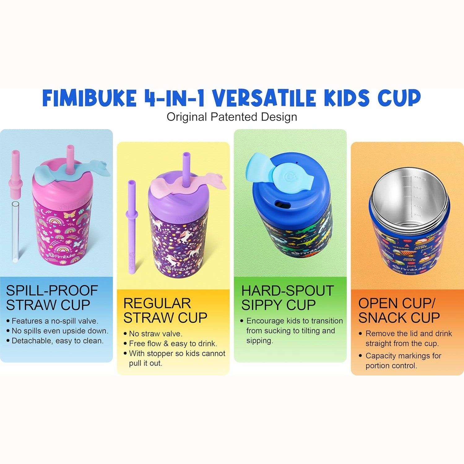 Fimibuke 10oz Insulated Toddler Straw Cups, Spill-Proof 2- or 4-Pack - Mint & Baby Blue