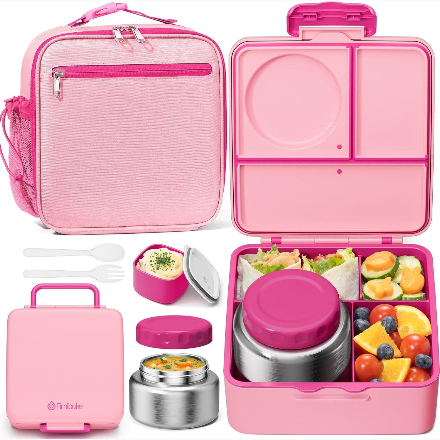 Fimibuke 60oz Kids Bento Lunch Box Set with 8.5oz Thermos & Bag - Cotton Candy