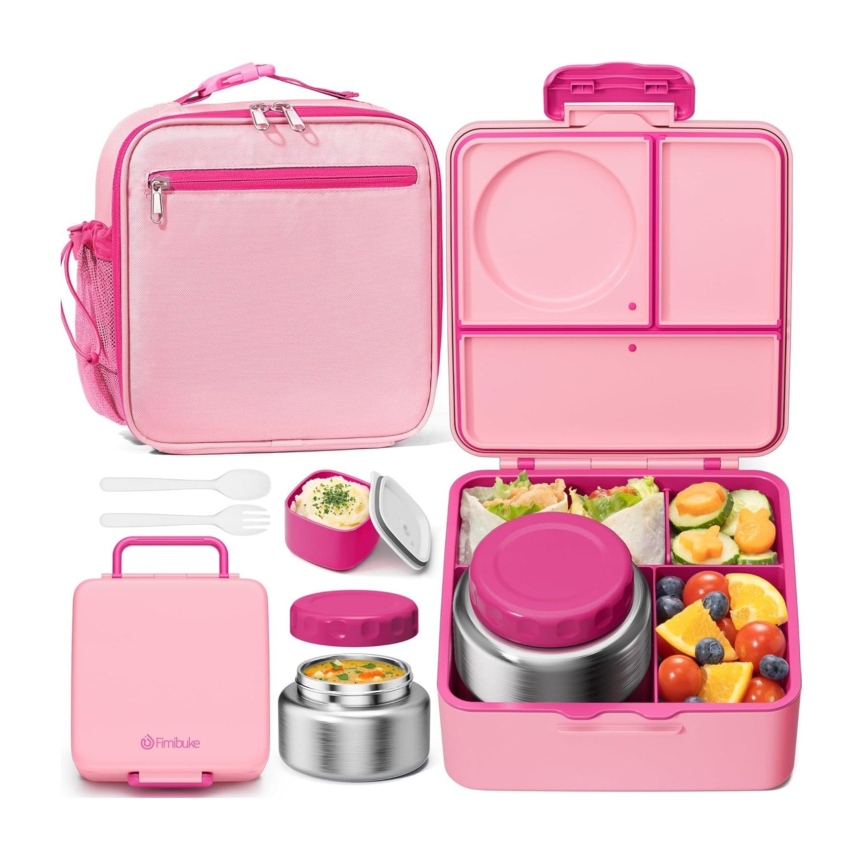 Fimibuke 60oz Kids Bento Lunch Box Set with 8.5oz Thermos & Bag - Cotton Candy