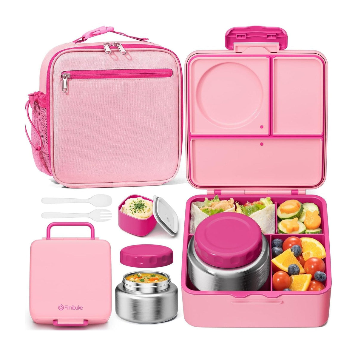 Fimibuke 60oz Kids Bento Lunch Box Set with 8.5oz Thermos & Bag - Cotton Candy