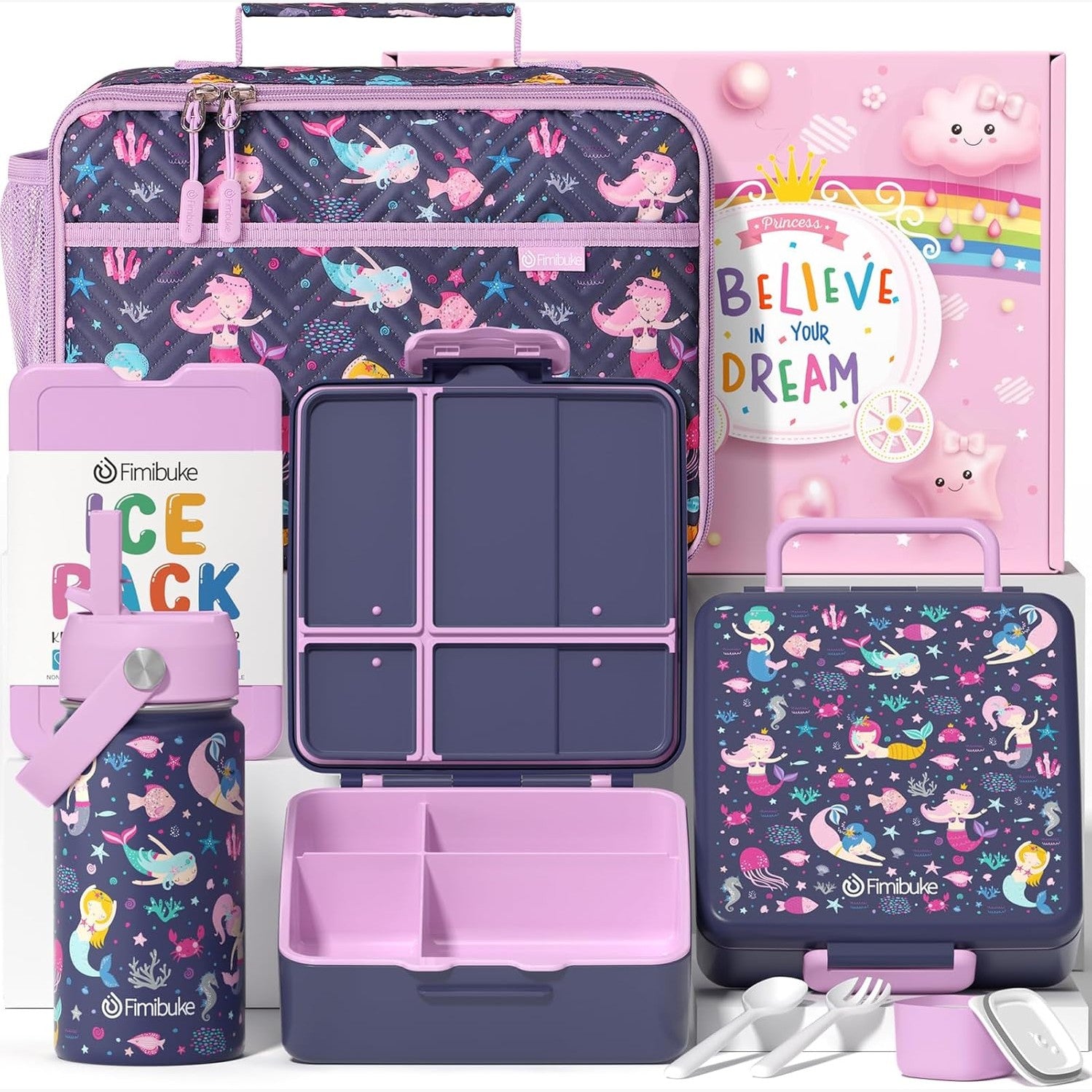 Fimibuke Kids 4-Compartment Bento Set with 14oz Water Bottle - Cotton Candy