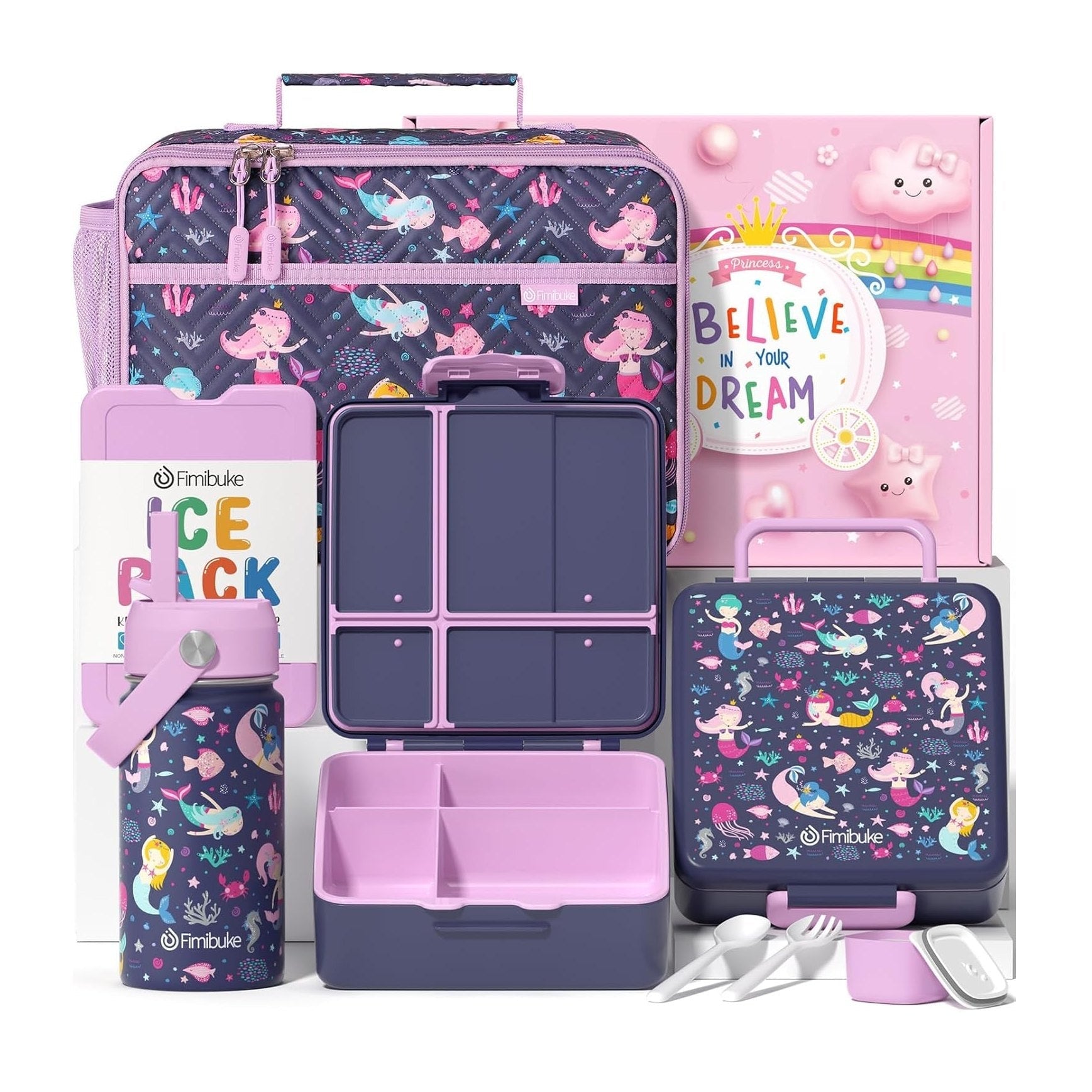 Fimibuke Kids 4-Compartment Bento Set with 14oz Water Bottle - Cotton Candy