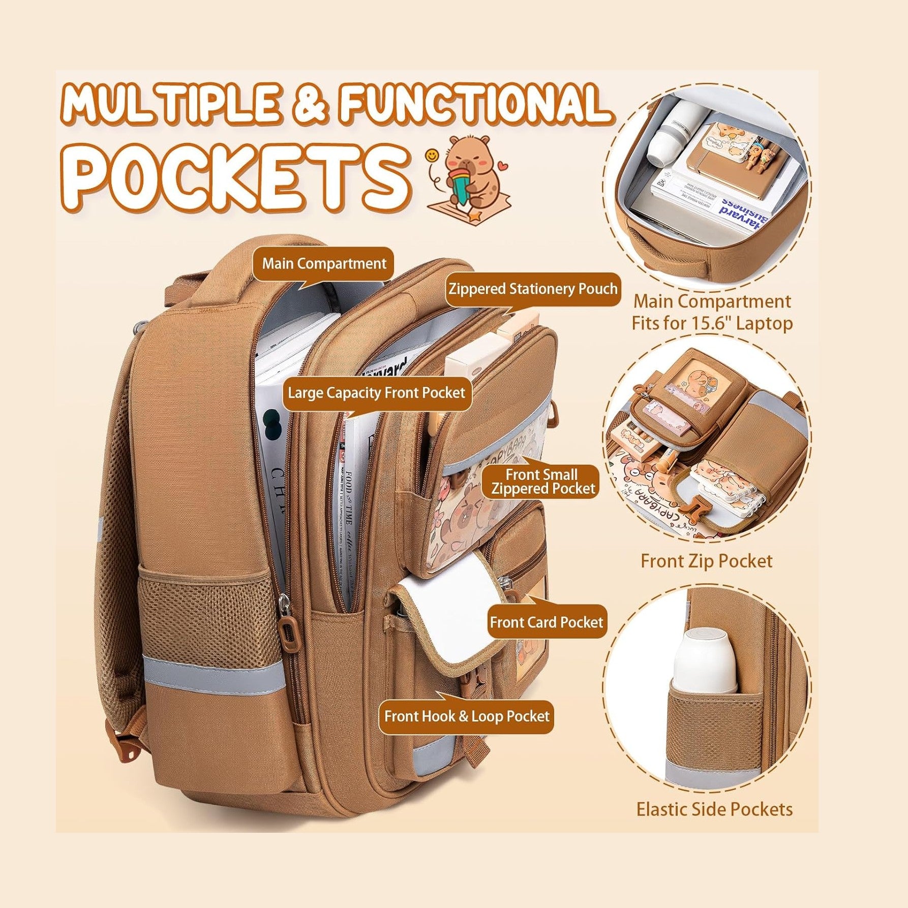 Fimibuke Capybara Kids Backpack & 28-Piece School Supplies Set