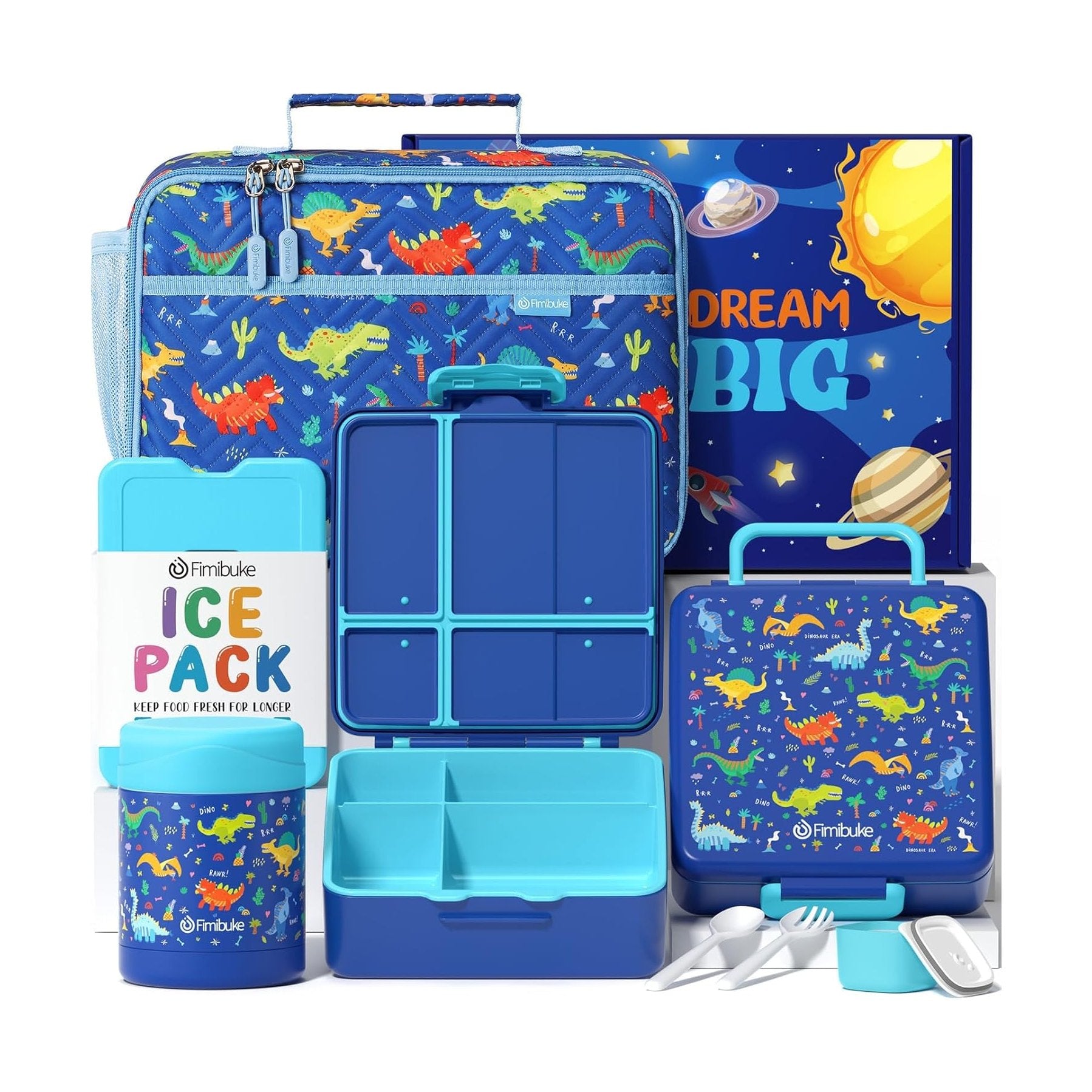 Fimibuke Kids 4-Compartment Bento Lunch Set with 12oz Thermos - Trucks