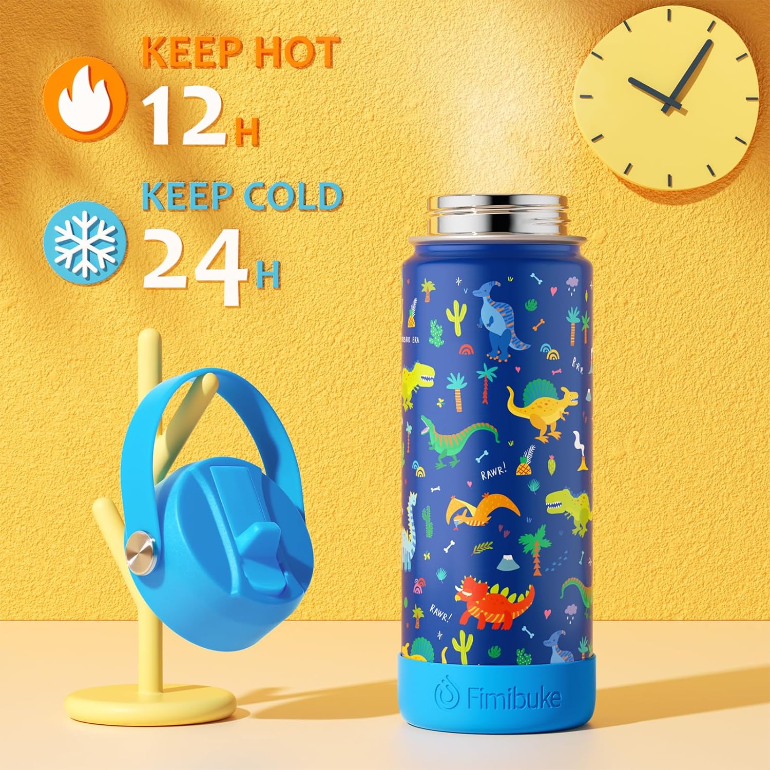 Fimibuke 18oz Kids Insulated Water Bottle with Straw - White Dinosaur