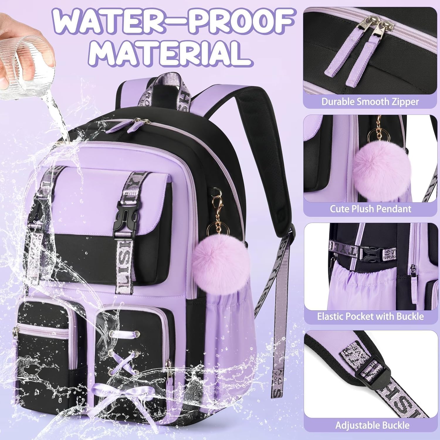 Fimibuke Girls Classic 3-Piece Backpack Set with Lunch Box - Black Pink