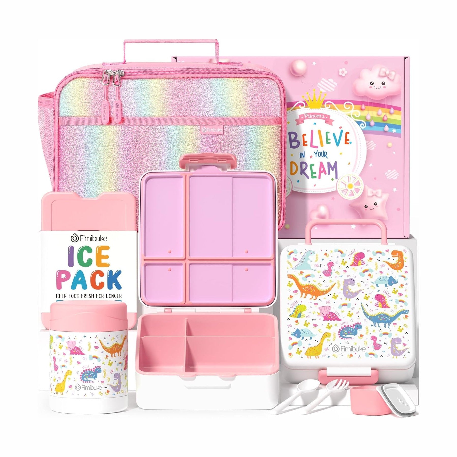 Fimibuke Kids 4-Compartment Bento Lunch Set with 12oz Thermos - Purple & Blue