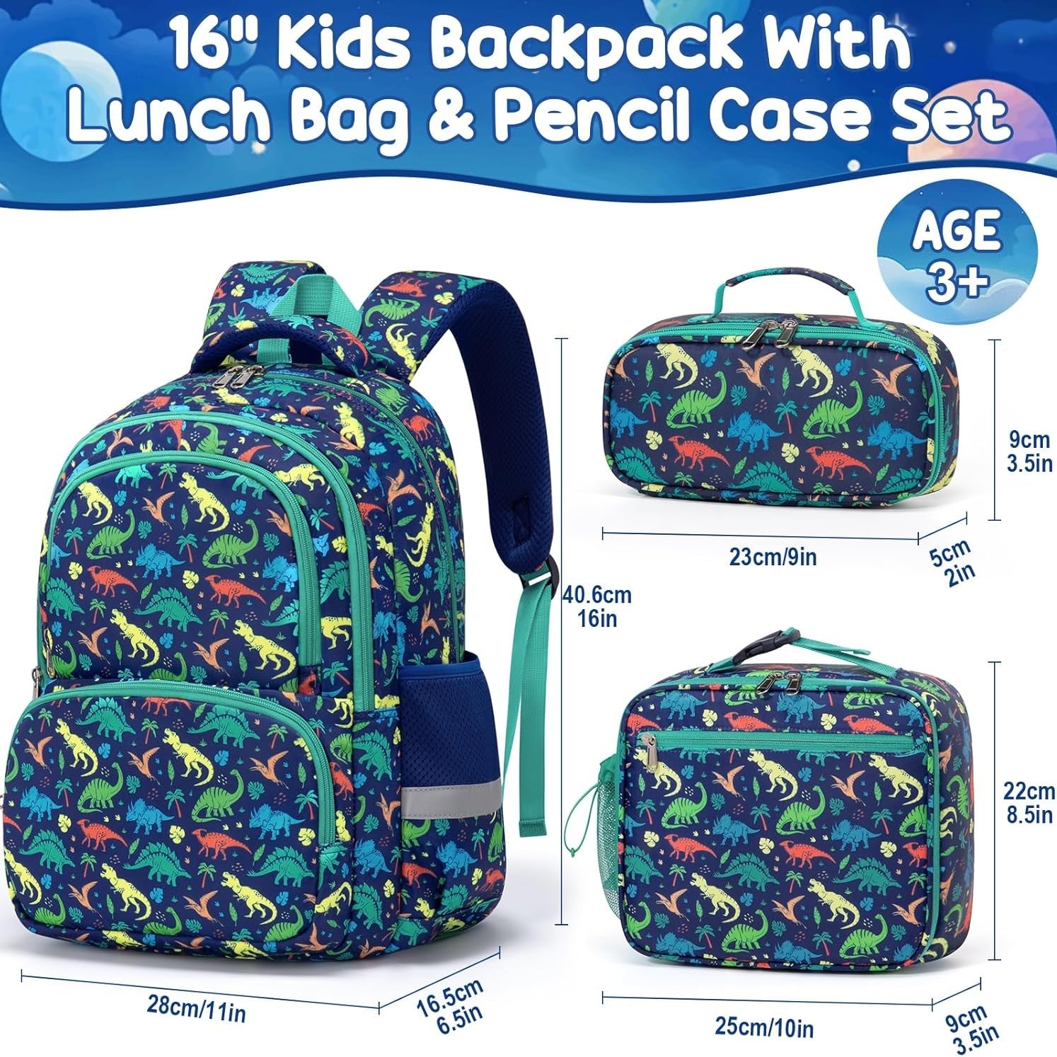 Fimibuke Kids 3-Piece Water-Resistant Backpack Set, Ages 3-12 - Monster Trucks