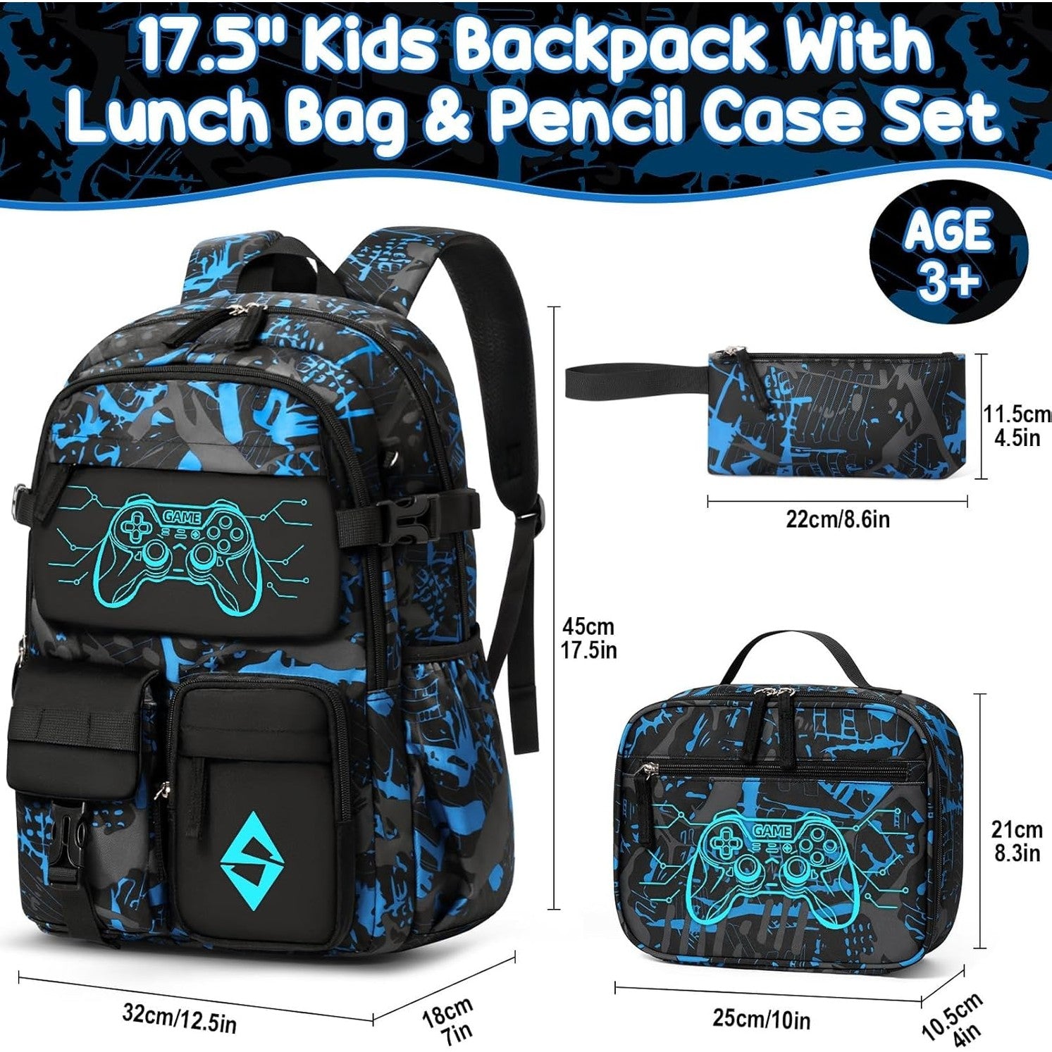 Fimibuke Boys Glow-in-the-Dark 3-Piece Backpack Set - Game