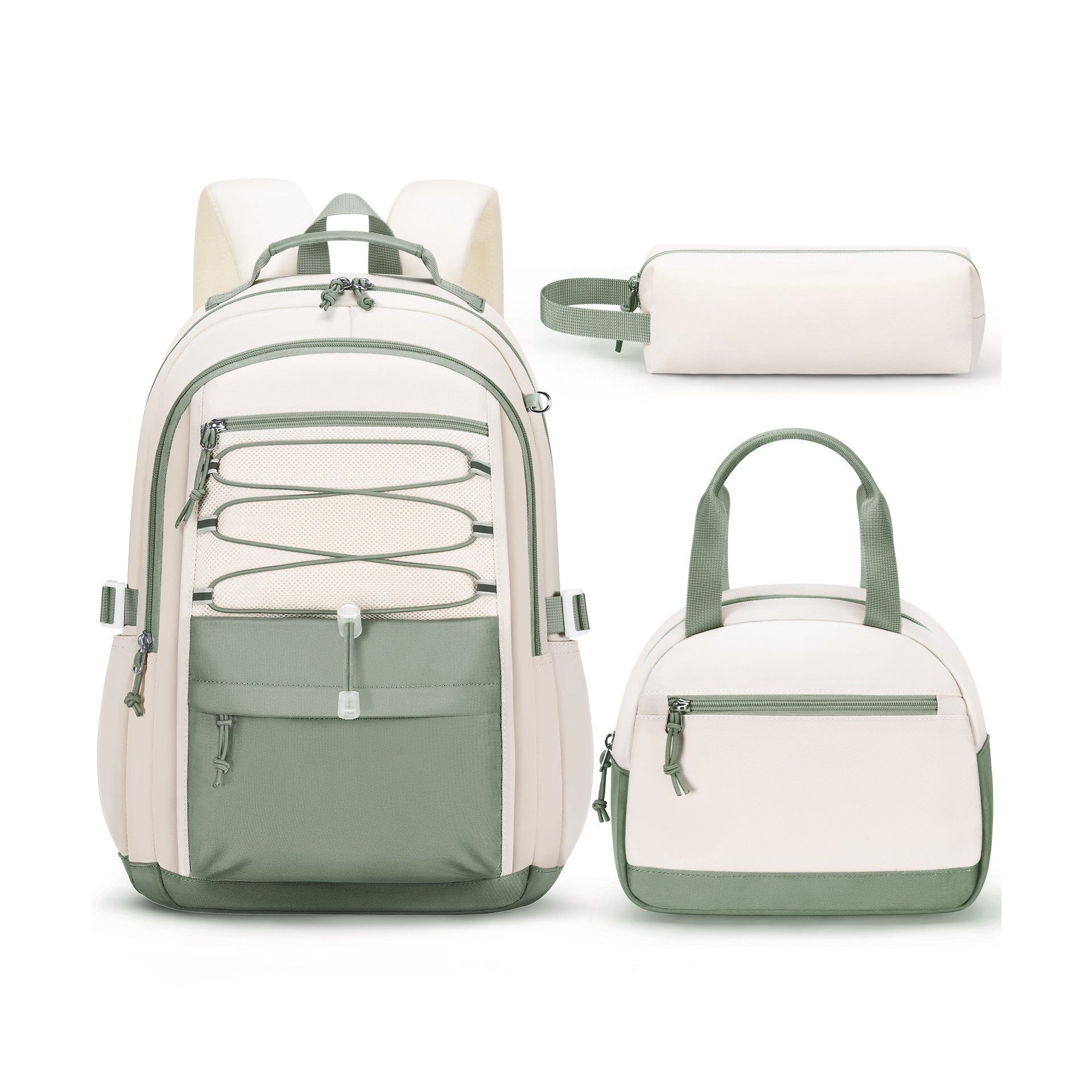Fimibuke Girls 17-Inch Backpack Set with Lunch Bag & Pencil Case - Beige Green