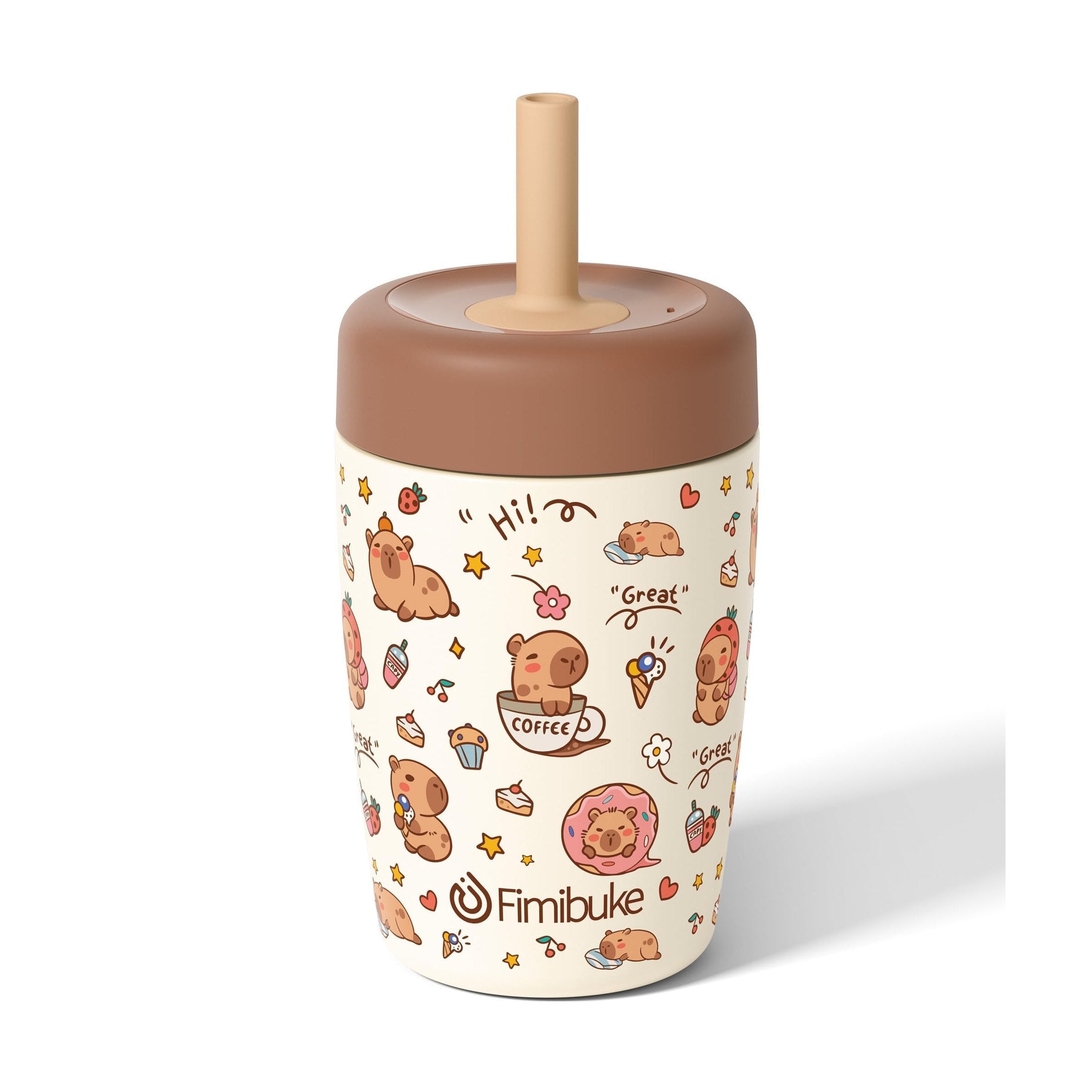 Fimibuke 12oz Insulated Toddler Straw Cups, Spill-Proof 2-Pack - Beige Capybara