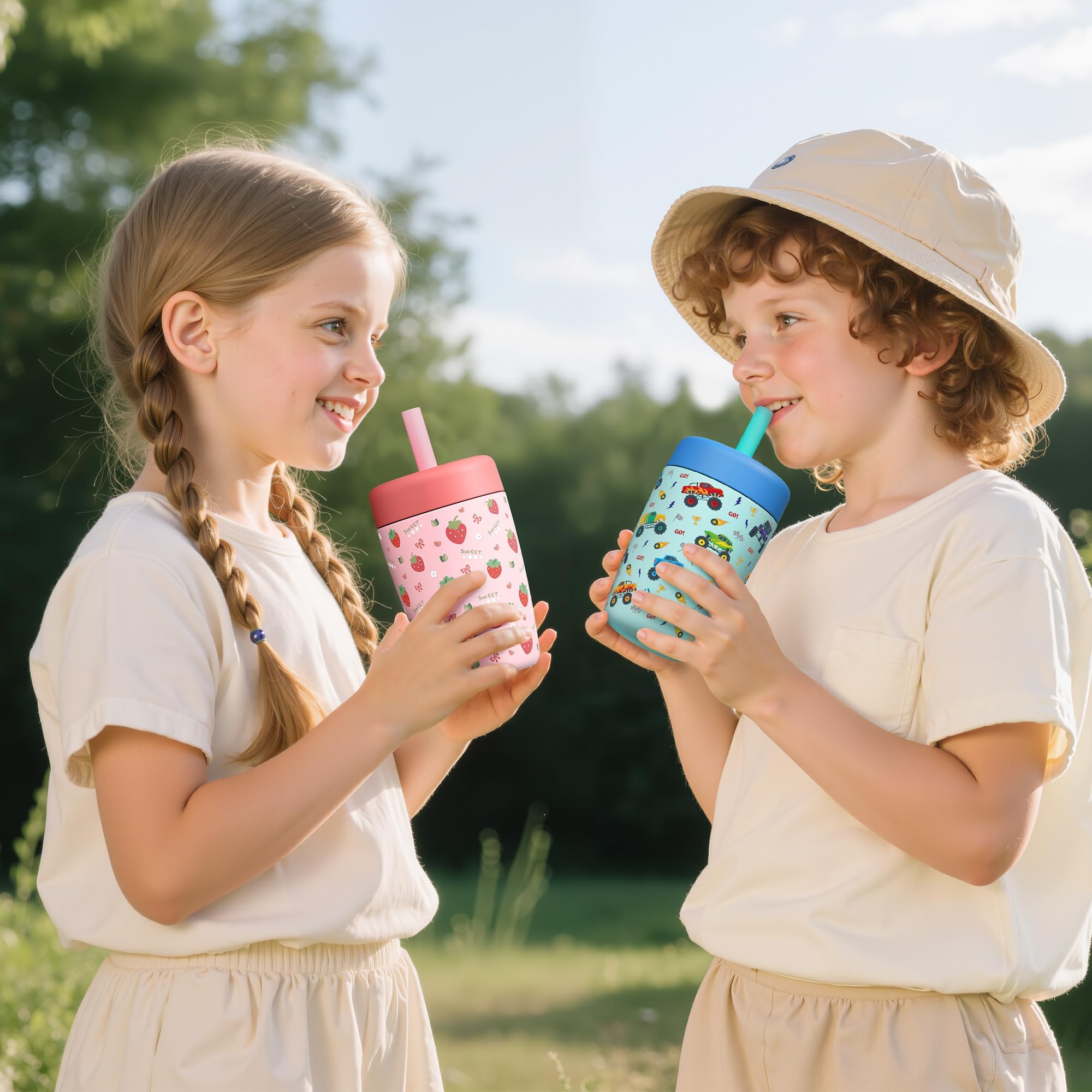 Fimibuke 12oz Insulated Toddler Straw Cups, Spill-Proof 2-Pack