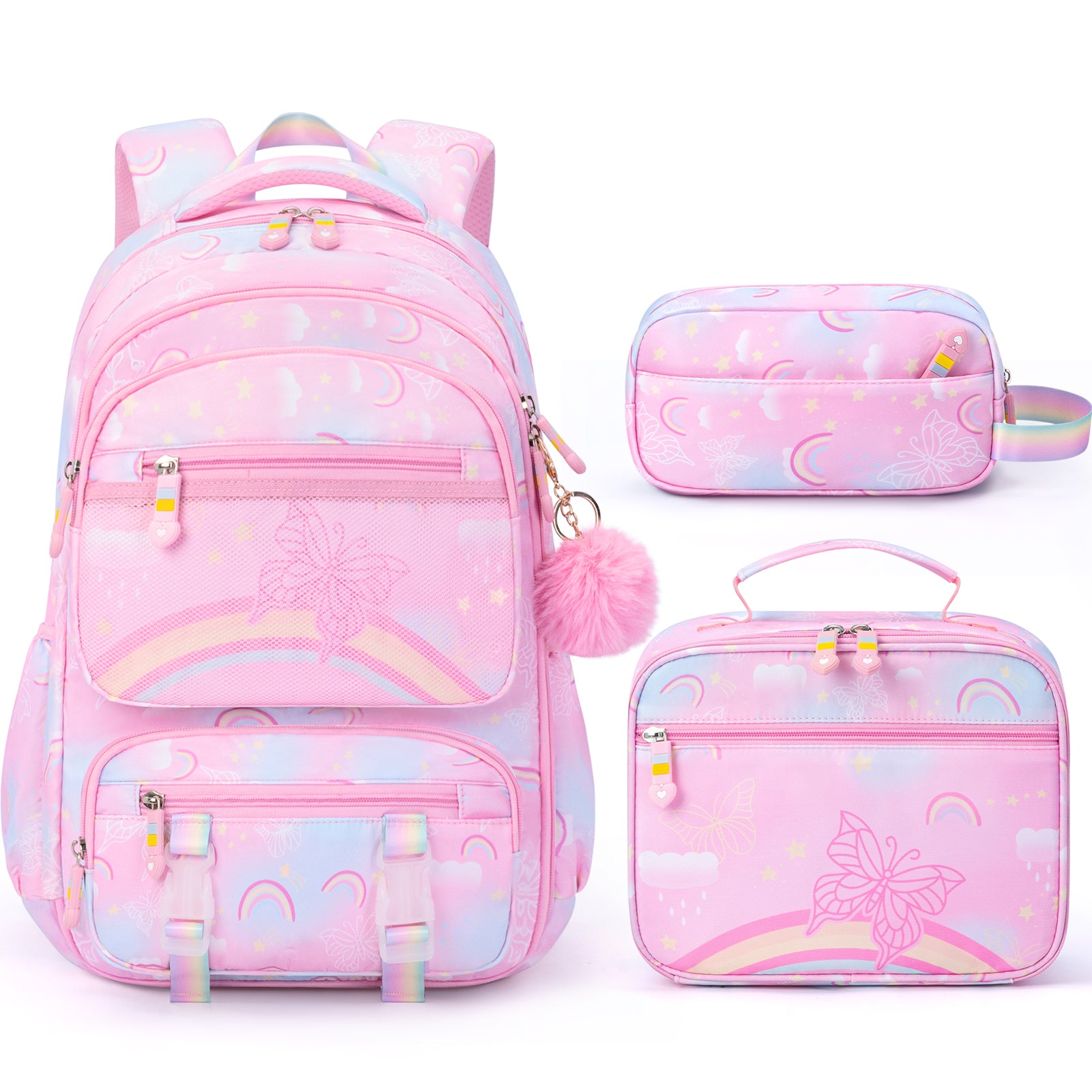 Fimibuke Girls 3PCS Backpack Set with Rainbow & Butterflies, Lunch Box & Pencil Case