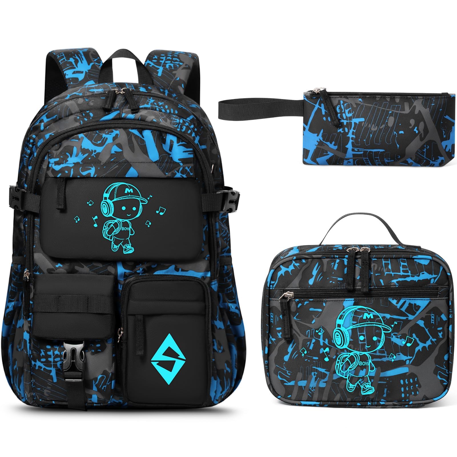 Fimibuke Boys 3PCS Glow-in-the-Dark Backpack Set with Lunch Box & Pencil Pouch