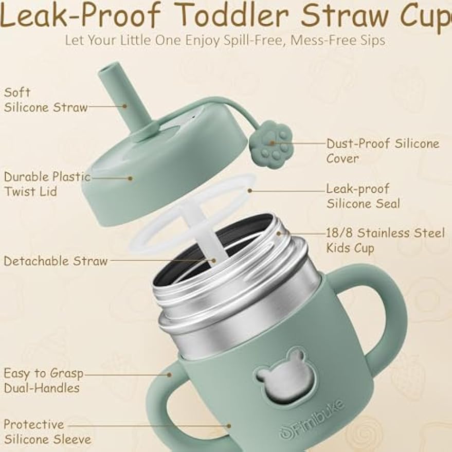 Fimibuke 10oz Stainless Steel Sippy Cups for Toddlers, 2-Pack