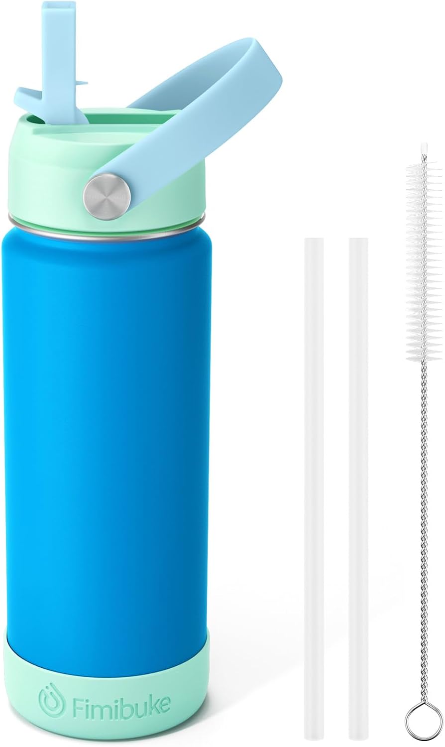 Fimibuke Kids 18oz Insulated Water Bottle, Stainless Steel Leak-Proof Cup with Straw