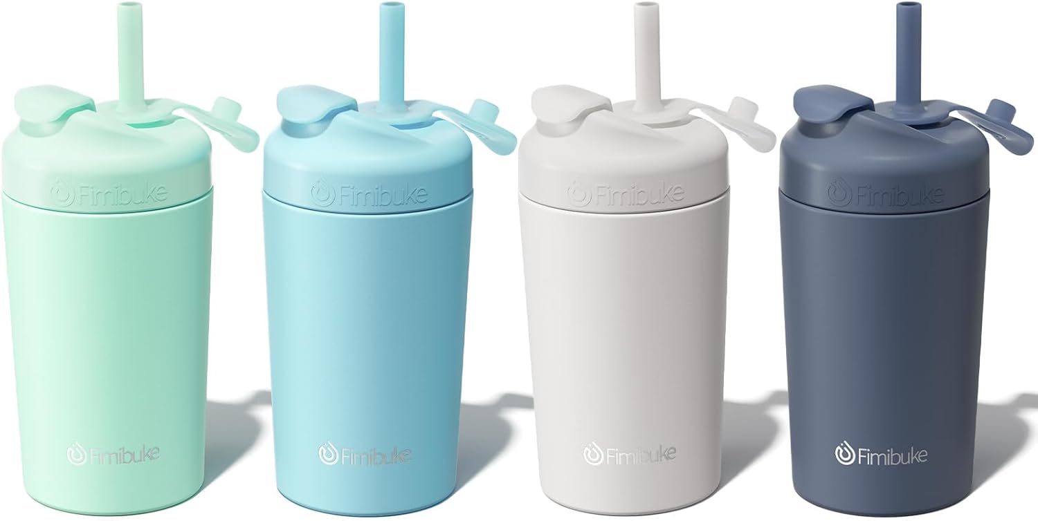 Fimibuke Kids & Toddler 10oz Spill-Proof Stainless Steel Cups with Straw
