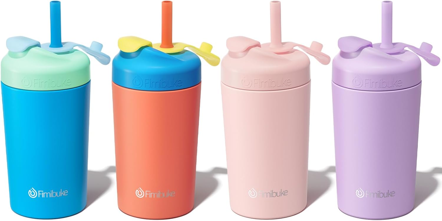 Fimibuke Kids & Toddler 10oz Spill-Proof Stainless Steel Cups with Straw