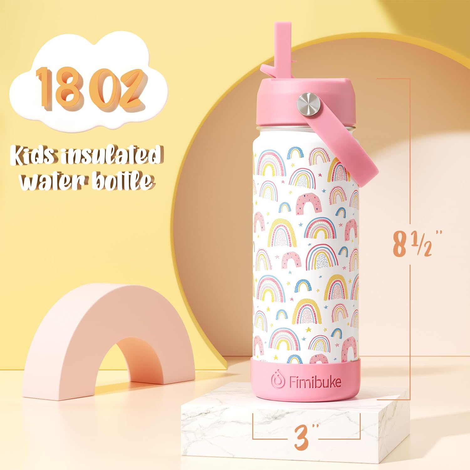 Fimibuke Kids 18oz Insulated Water Bottle, Stainless Steel Leak-Proof Cup with Straw