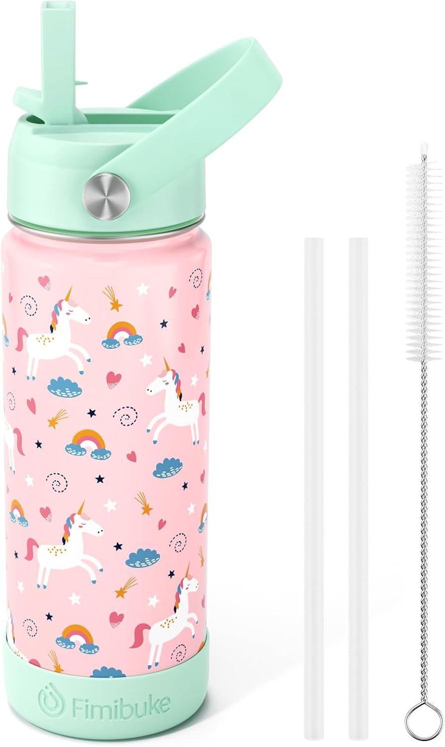 Fimibuke Kids 18oz Insulated Water Bottle, Stainless Steel Leak-Proof Cup with Straw