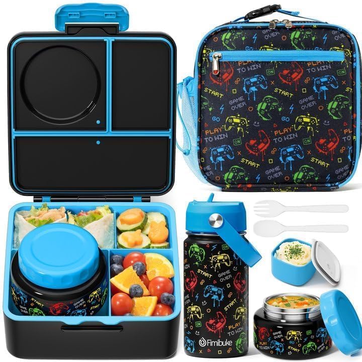 Fimibuke Bento Box Set for Kids & Adults, Leak-Proof 3-4 Compartments with Insulated Thermos, Water Bottle & Lunch Bag