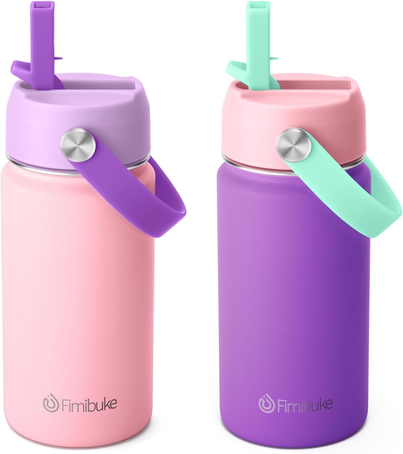 Fimibuke Kids 14oz Insulated Water Bottle, Stainless Steel Leak-Proof Cups with Straw
